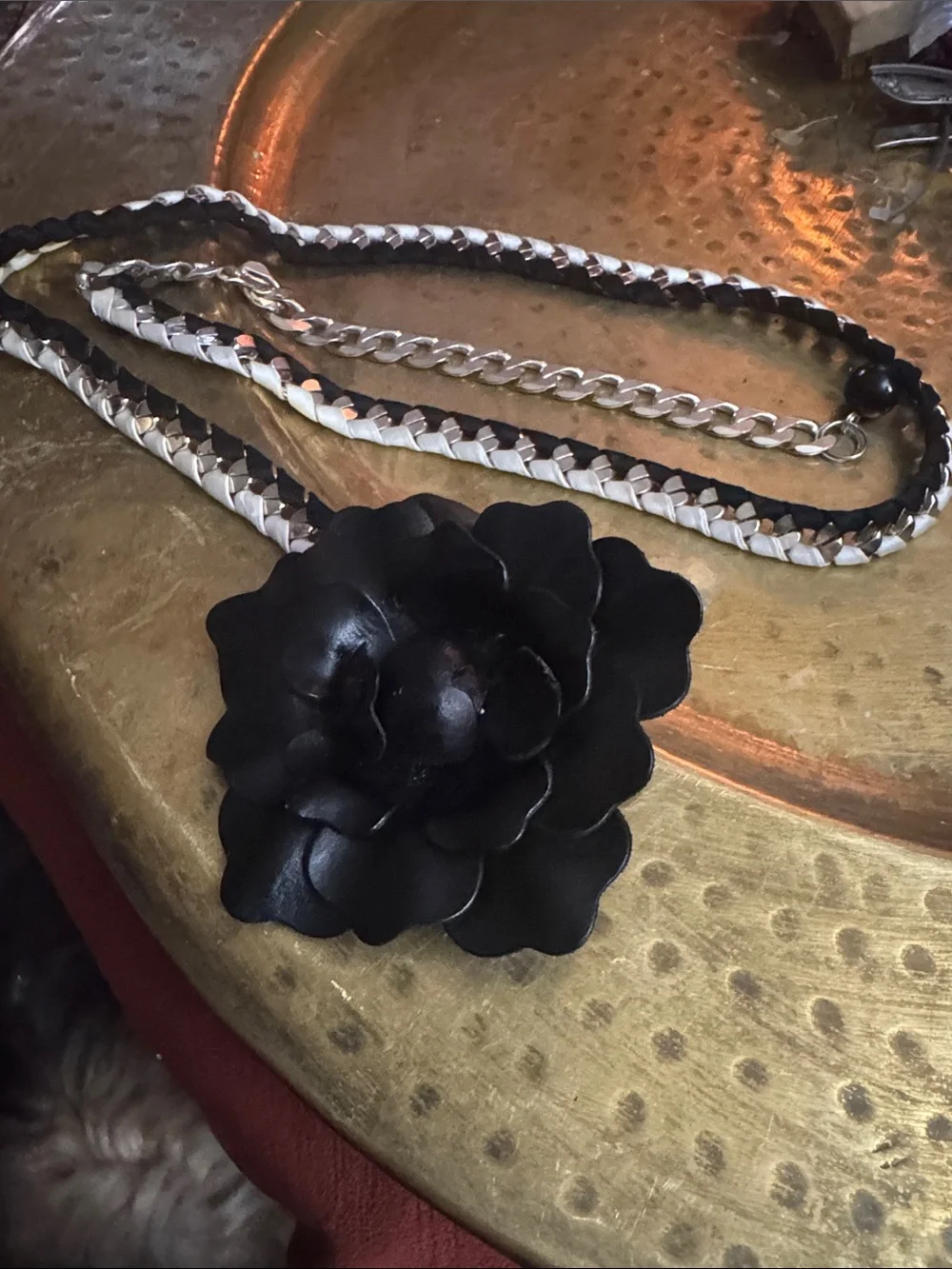 Black Floral Pendant Braided Belt Necklace - Women Accessories